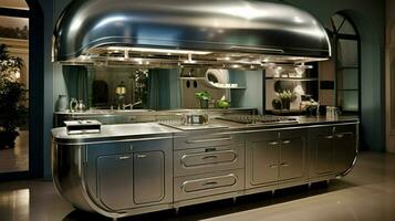modern Küche Ausrüstung leuchtenden Stahl Haushaltsgeräte glänzen foto