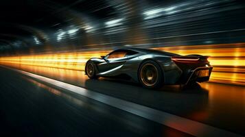 modern Sport Auto Geschwindigkeiten durch dunkel Kurve foto