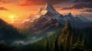 Berg Gipfel und Sonnenuntergang inmitten Wald Hintergrund foto