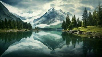 Natur Schönheit reflektiert im still Berg See foto