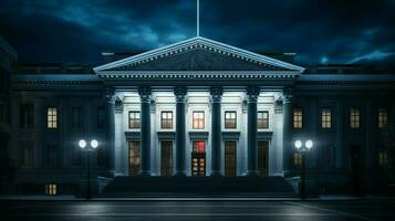 Neo klassisch Gerichtsgebäude Fassade beleuchtet beim Nacht foto