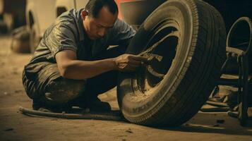 einer Mann reparieren Reifen mit Arbeit Werkzeug foto