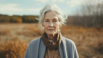 einer traurig Senior Frau suchen beim Kamera draußen im Natur foto