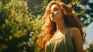 einer jung Frau im Natur suchen Weg Schönheit im Sommer- foto