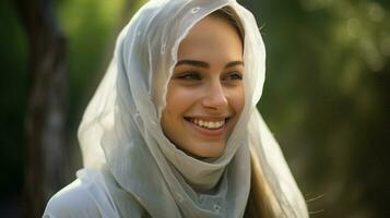einer jung Frau religiös Schleier lächelnd draußen foto