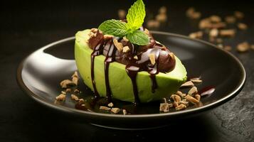 organisch Avocado Schüssel ein Gourmet Dessert mit frisch Schokolade foto