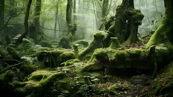bewachsen Wald Fußboden offenbart verwittert Stein Material foto
