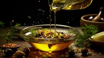 Gießen Olive Öl in ein Schüssel frisch und Gourmet Kochen foto
