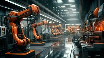 Roboter Waffen Arbeiten im futuristisch Fabrik Werkstatt foto