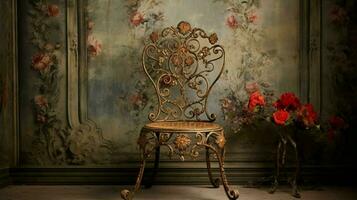 rustikal Stuhl im aufwendig Design fügt hinzu Eleganz zu inländisch foto