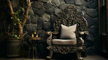 rustikal Stuhl im aufwendig Design fügt hinzu Eleganz zu inländisch foto