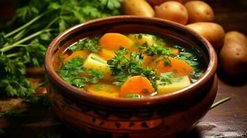 rustikal Gemüse Suppe mit gekocht Karotte Kartoffel und frisch foto