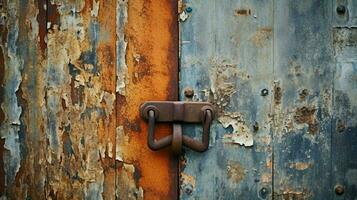 rostig Metall Tür mit alt Stahl sperren und schmutzig Griff foto