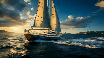 Segeln Yacht gleiten auf Blau Wellen glatt foto