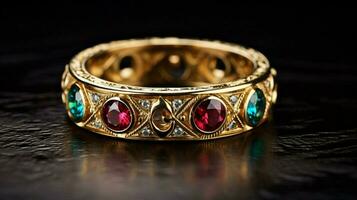 glänzend Gold Hochzeit Ring mit kostbar Edelstein foto