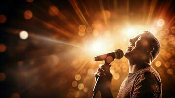glänzend Mikrofon leuchtet Sänger Gesicht auf Bühne foto