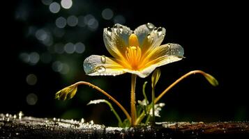 glänzend Regentropfen beleuchtet ein Gelb Blume beim Nacht foto