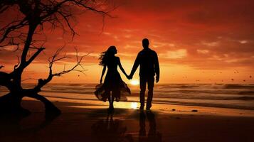 Silhouette von Paar Gehen auf das Strand foto