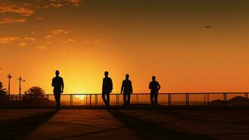 Silhouette von Männer Gehen draußen beim Sonnenuntergang foto