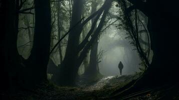 Silhouette Gehen durch gespenstisch Wald im Nebel foto