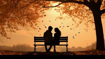 silhouettiert Paar sitzen auf Bank unter Herbst Baum foto