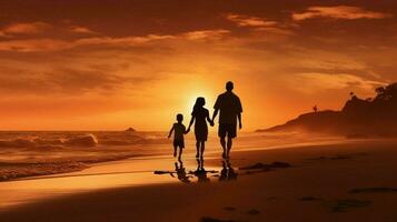 Silhouetten von Familie Gehen auf Strand beim Sonnenuntergang foto