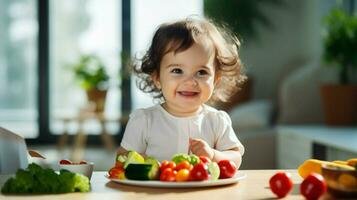 lächelnd Baby Mädchen Essen gesund Essen drinnen foto