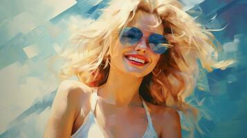 lächelnd blond Frau im Sonnenbrille strahlt aus Vertrauen foto