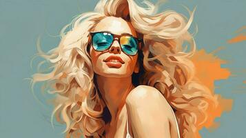 lächelnd blond Frau im Sonnenbrille strahlt aus Vertrauen foto