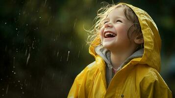 lächelnd Kind genießt das Regen Glück im nass draußen foto