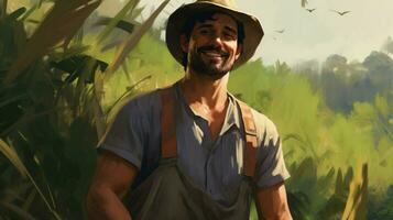lächelnd Farmer Stehen im ländlich Wald Umgebung foto