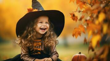 lächelnd Mädchen im süß Hexe Kostüm genießt Herbst draußen foto