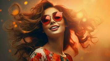 lächelnd jung Frau im Sonnenbrille strahlt aus Schönheit und Mode foto