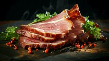 geräuchert Schweinefleisch Scheibe Gourmet Delikatessen frisch und Ungesundheit foto