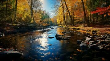 glatt fließend Wasser spiegelt beschwingt Herbst Farben foto