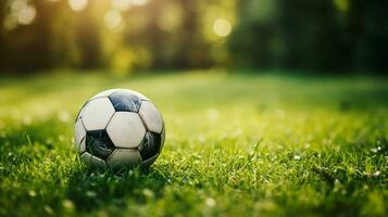 Fußball Ball auf Grün Gras mit selektiv Fokus foto