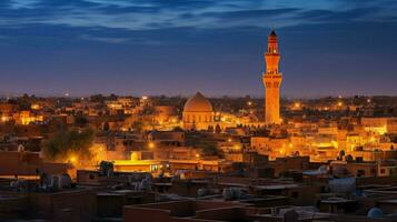 spirituell Minarett leuchtet uralt arabisch Stadt Skylink foto