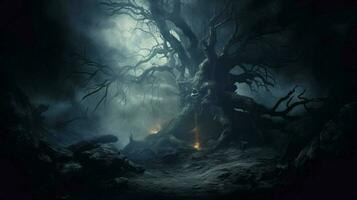 gespenstisch Nacht dunkel Grusel nebelig alt Baum böse Angst Fantasie foto