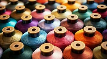 Spulen von multi farbig Faden auf Textil- Material foto