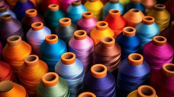 Spulen von multi farbig Faden auf Textil- Material foto