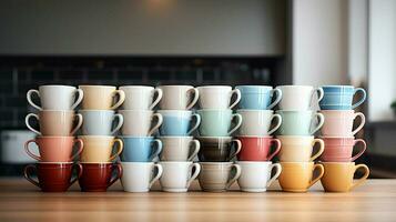 Stapel von Kaffee Tassen im ein Reihe auf Tabelle Nein Menschen foto