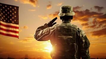 Stehen Heer Soldat grüßt amerikanisch Flagge beim Sonnenuntergang foto