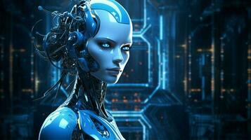 Stehen futuristisch Cyborg beleuchtet durch Blau Maschinen foto