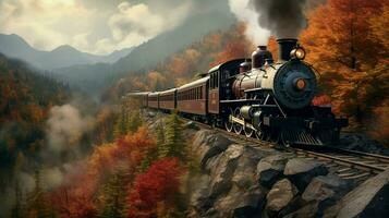 Dampf Lokomotive tuckert durch bergig Wald Landschaft foto