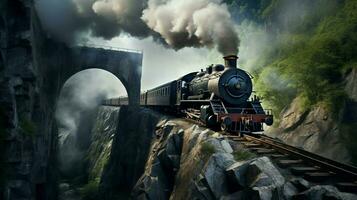 Dampf Lokomotive Geschwindigkeiten durch verlassen Berg bestehen foto