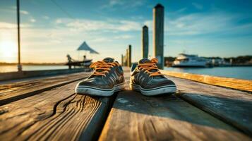 Sonne geküsst Sport Schuhe sich ausruhen auf still Seebrücke foto