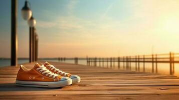 Sonne geküsst Sport Schuhe sich ausruhen auf still Seebrücke foto