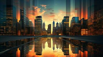 Sonnenuntergang leuchtet modern Wolkenkratzer im finanziell verteilen foto