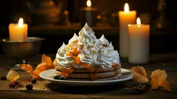 Süss Dessert auf hölzern Tabelle mit Kerze Flamme Verbrennung foto