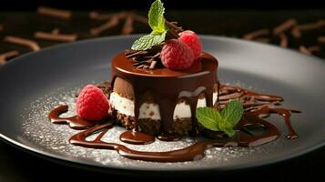 Süss Gourmet Dessert auf Teller mit Schokolade frisch foto